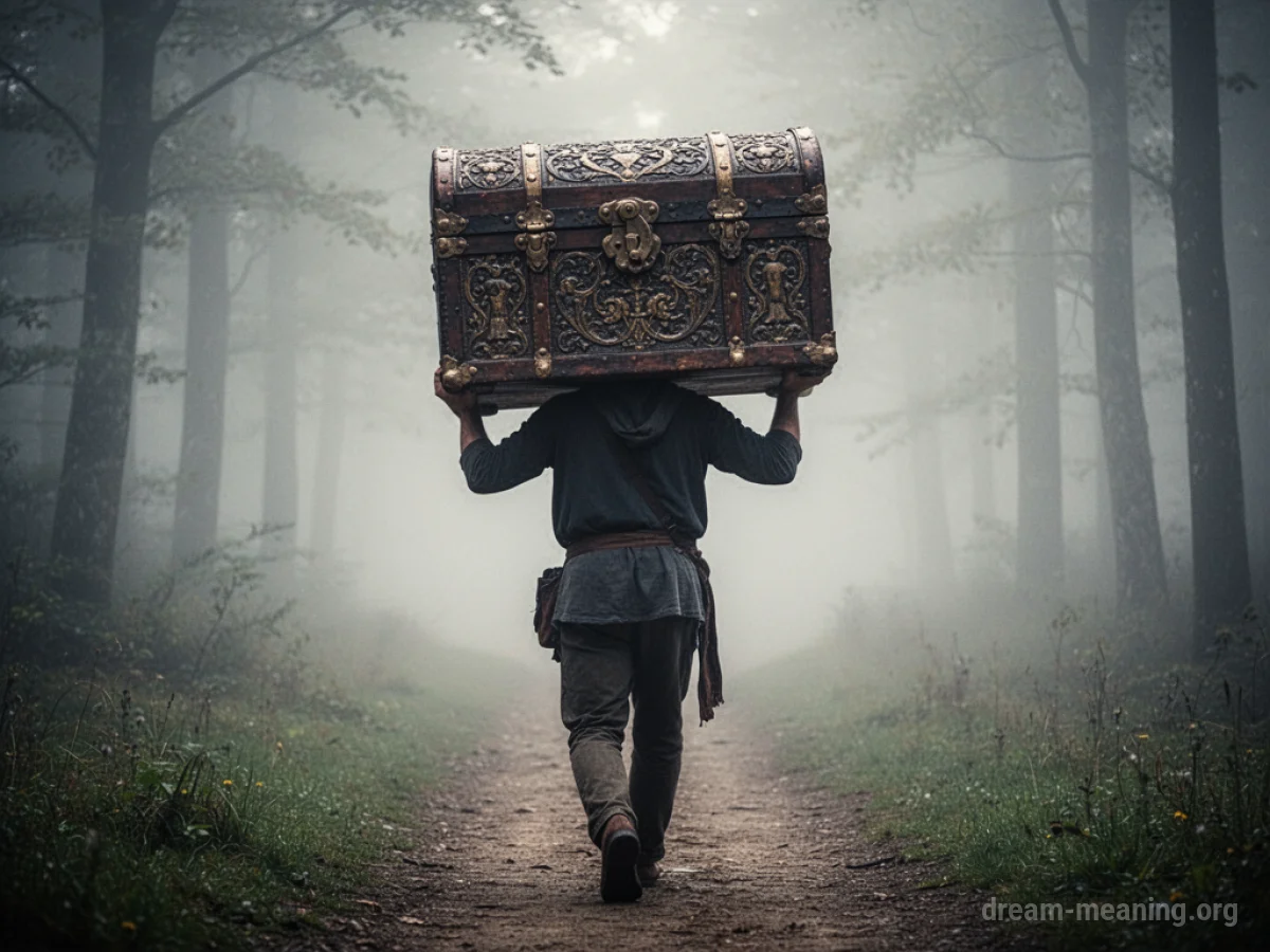 Silhouette of a person carrying a large chest on their shoulders.
