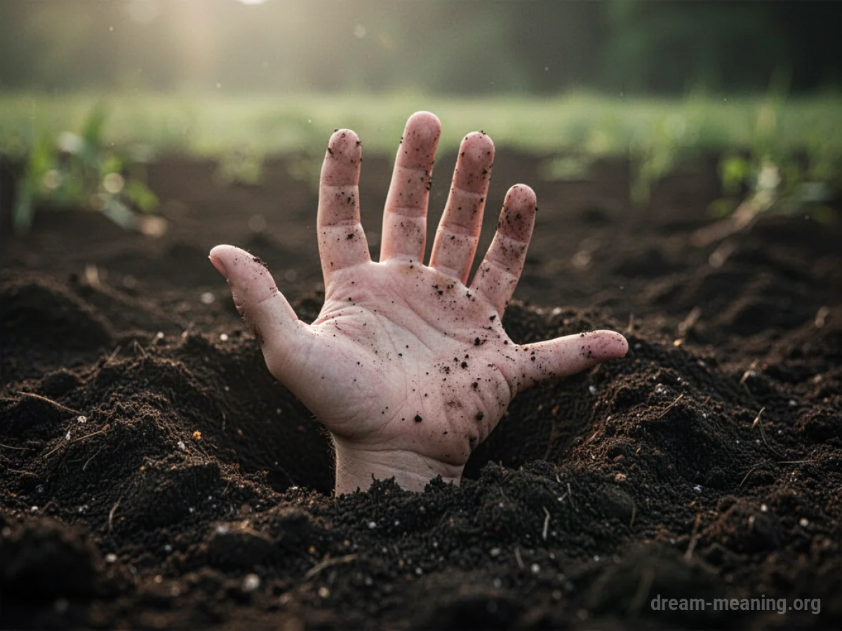 A hand reaching up from dark earth.