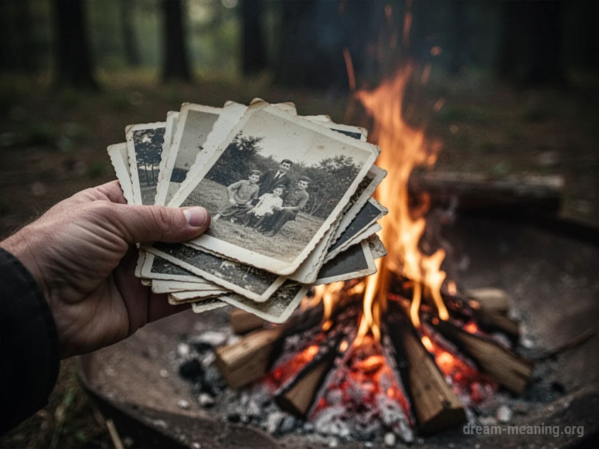 A hand holding old photographs near a gentle fire.