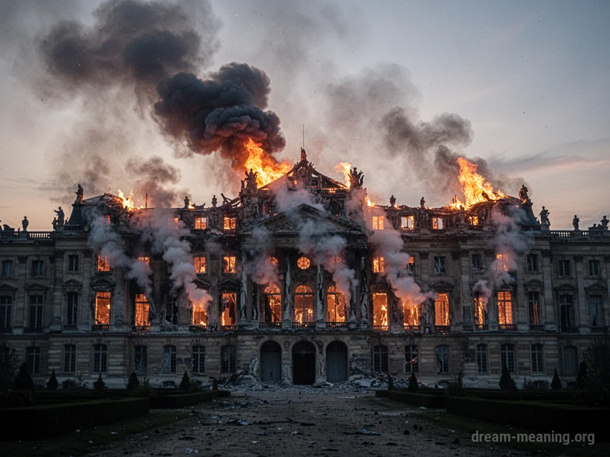 A large, ornate palace engulfed in flames under a dark sky.