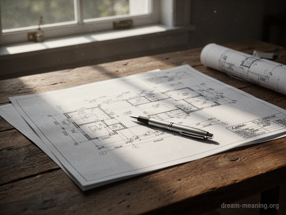 A blueprint on a table with a pen.