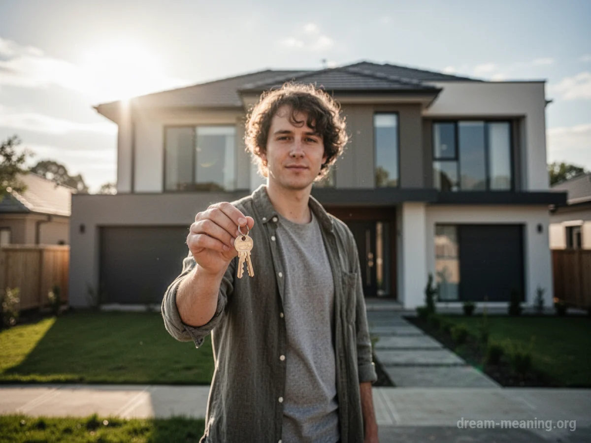 Person holding keys in front of a new house.