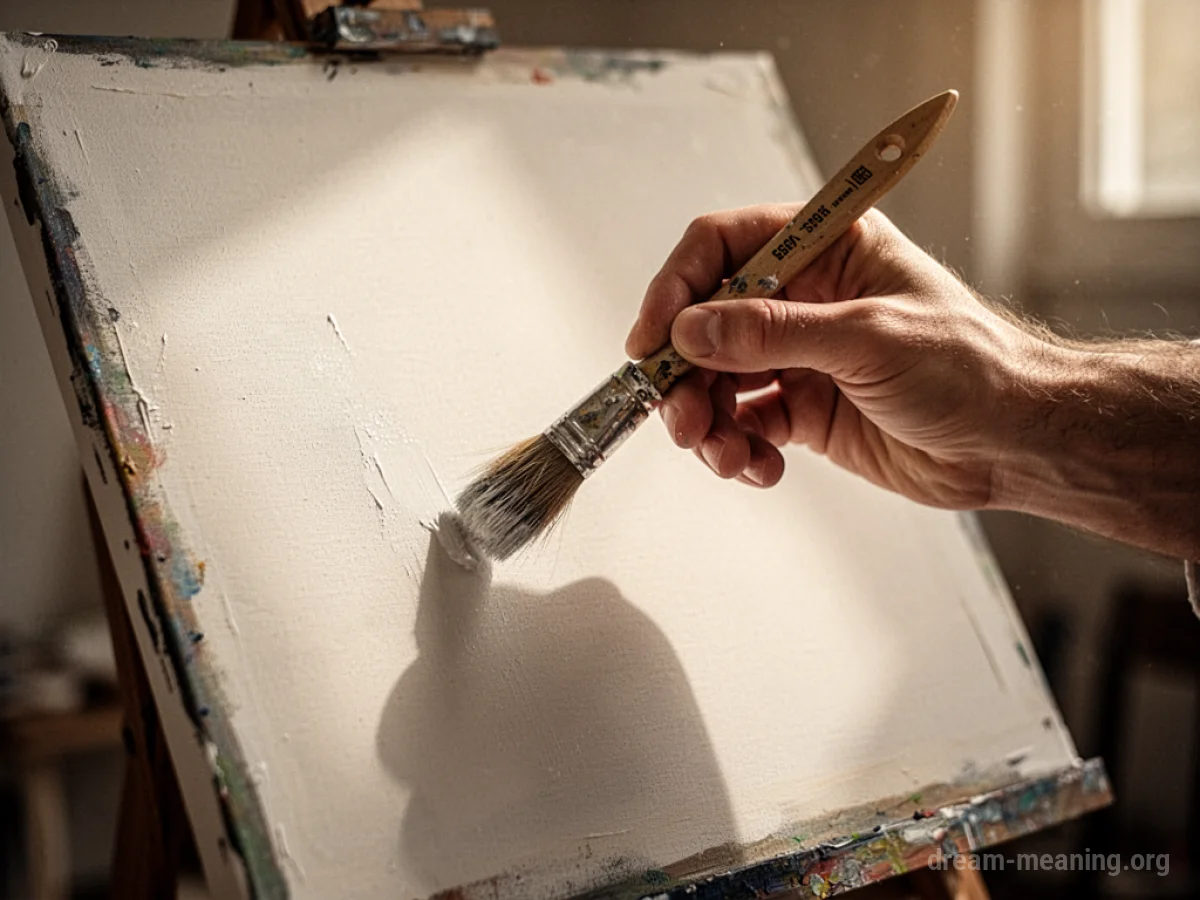 A hand holding a paintbrush above a blank canvas.