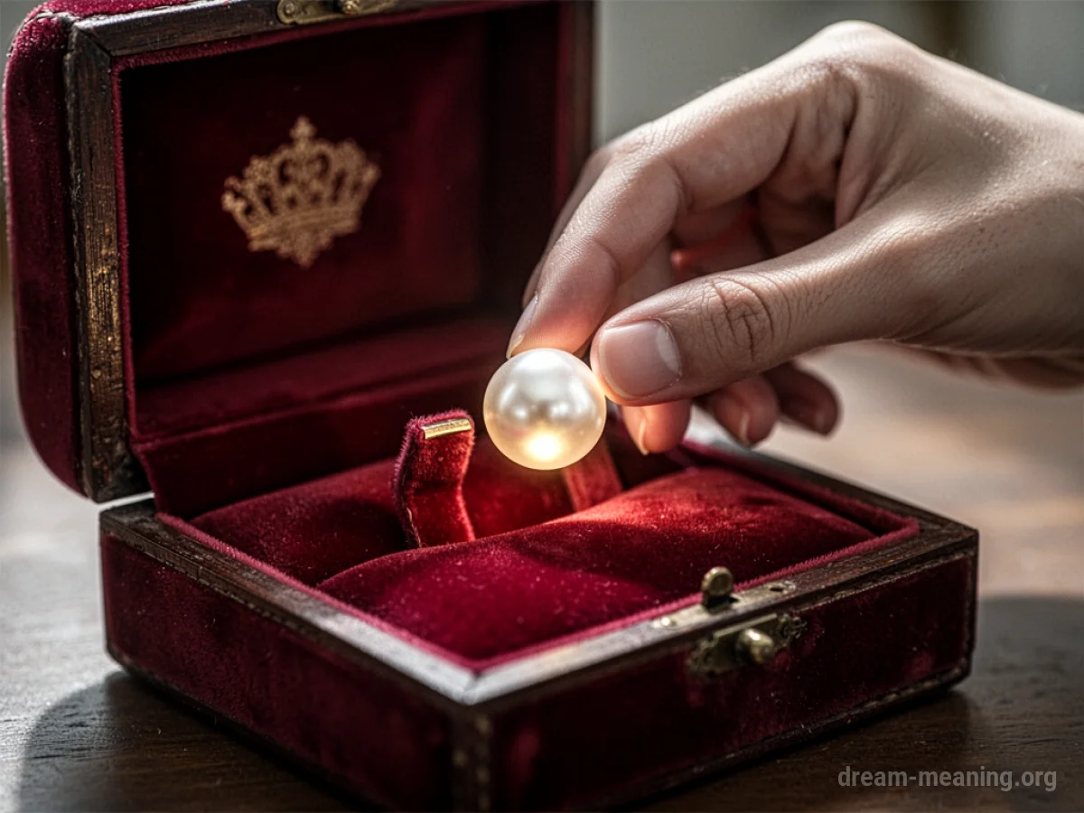 A hand choosing a single pearl from a box.