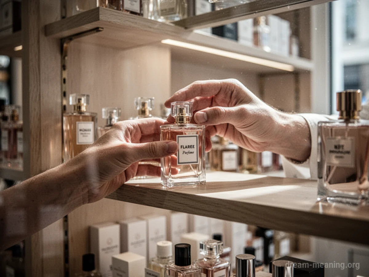 A hand reaching for a perfume bottle on a store shelf.