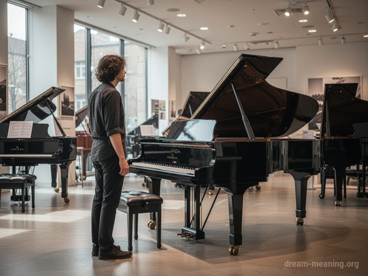 A person looking at a grand piano in a brightly lit showroom.