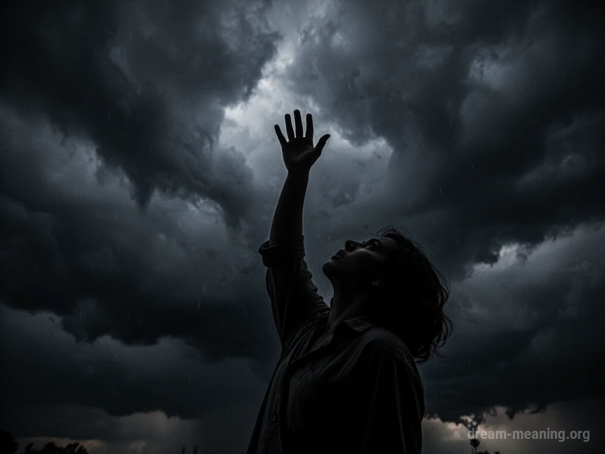 Silhouette of a hand reaching up towards a dark sky.