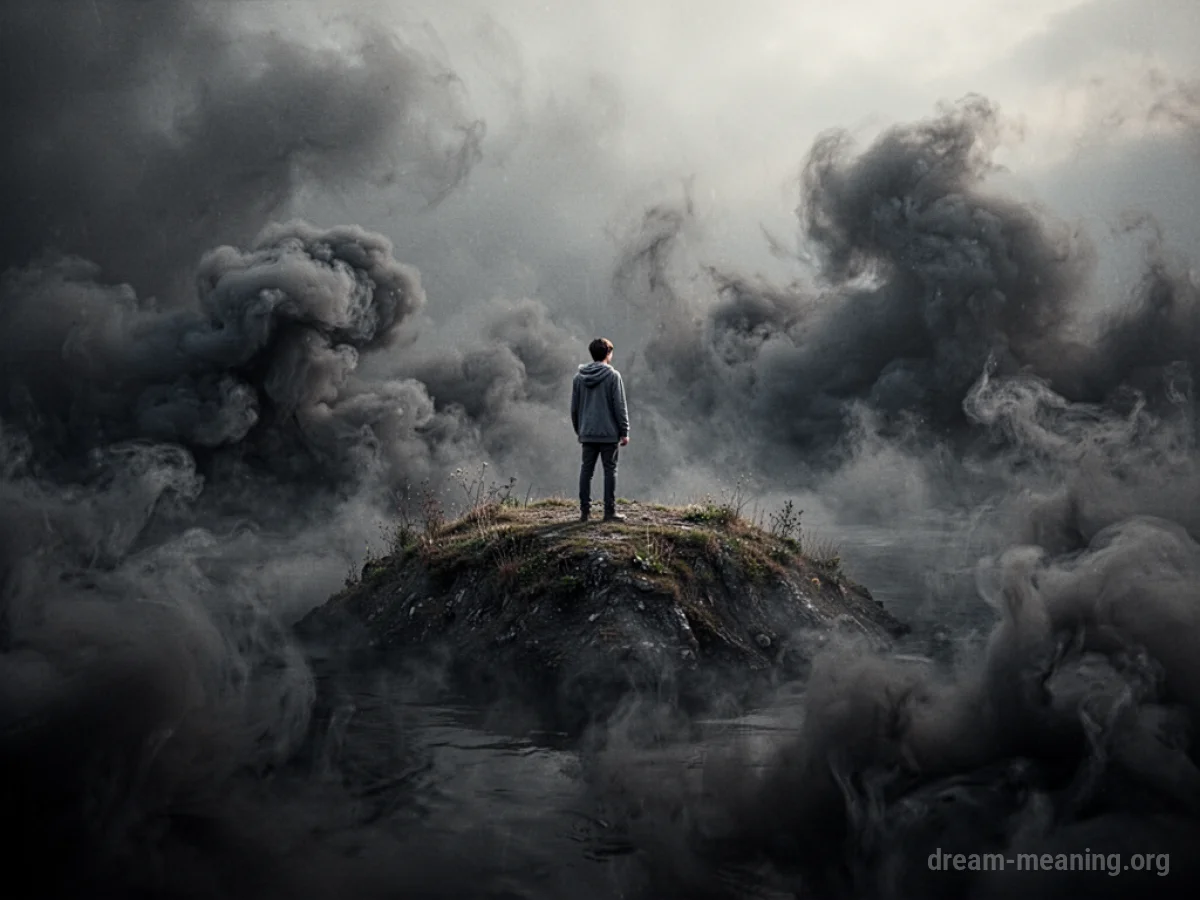 A person stands on a small landmass surrounded by dense, dark fog.