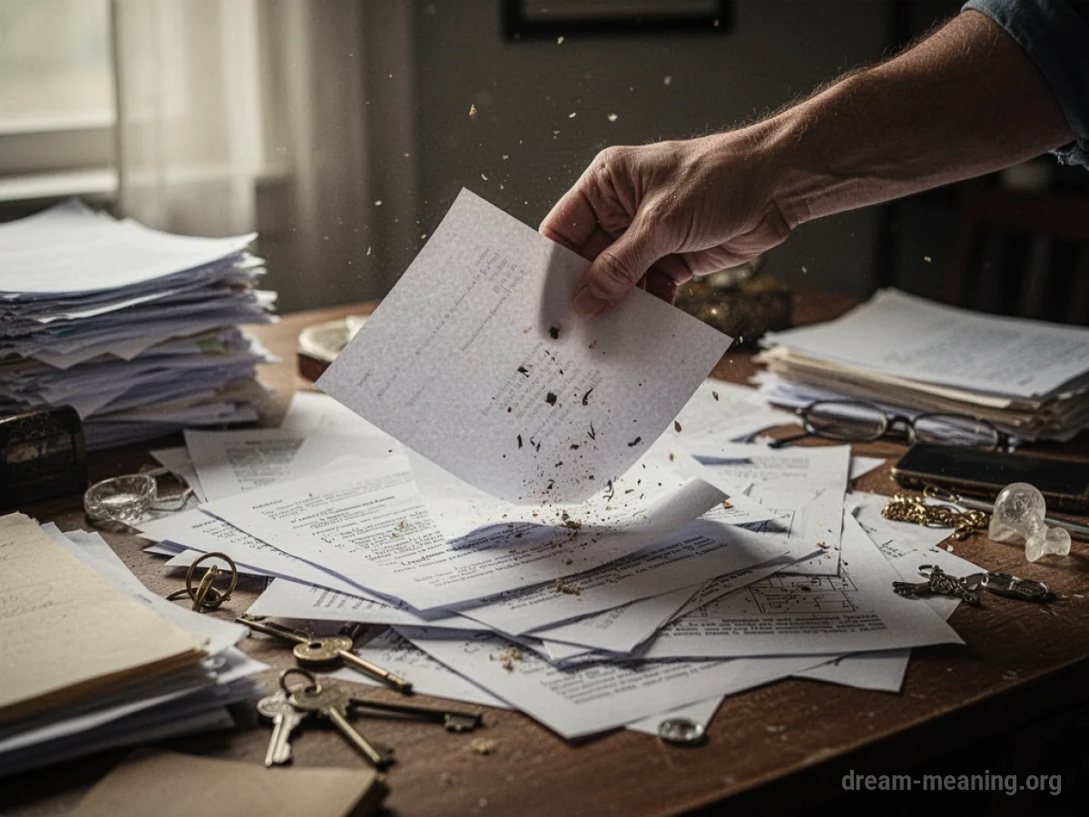 A hand searching through a messy desk.