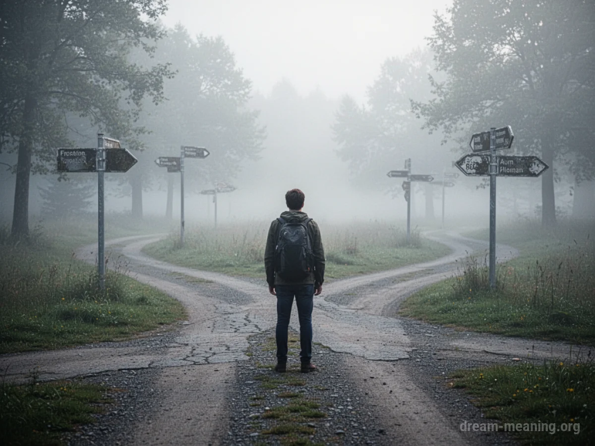 A person at a misty crossroads with many diverging paths.