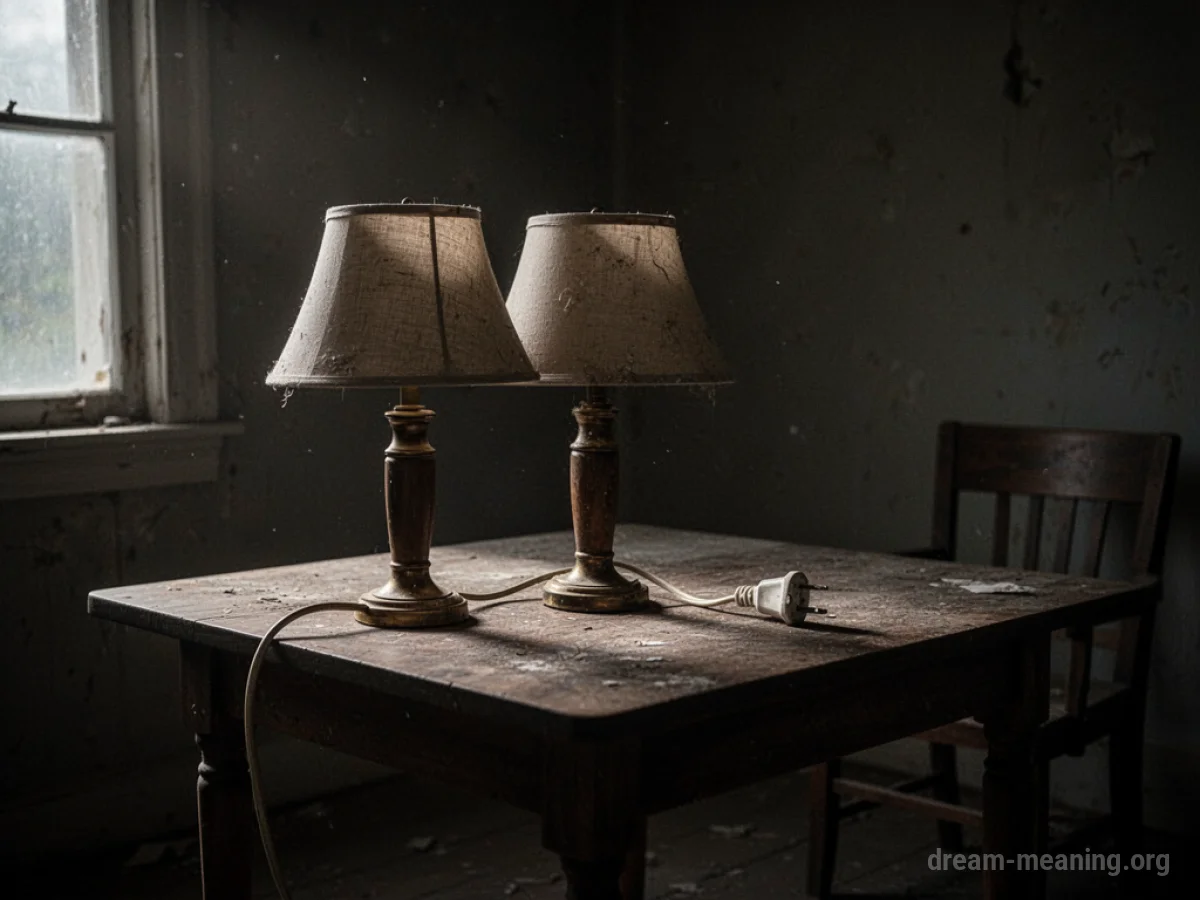 An unplugged lamp sitting on a table in a dark room.