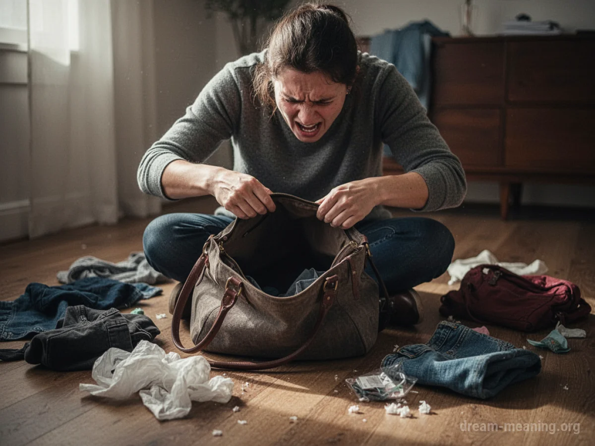 A person looking distressed while searching through a bag and scattered belongings.