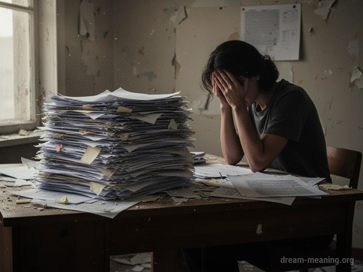 A desk overflowing with papers and a silhouette of a person looking overwhelmed.
