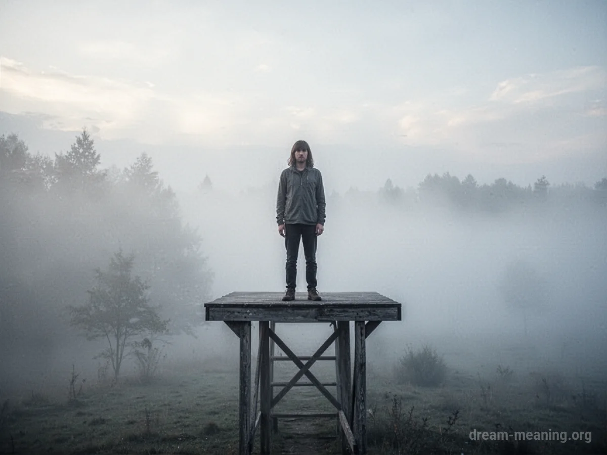 A person stands on a high platform with no apparent way down, fog obscures the surroundings.