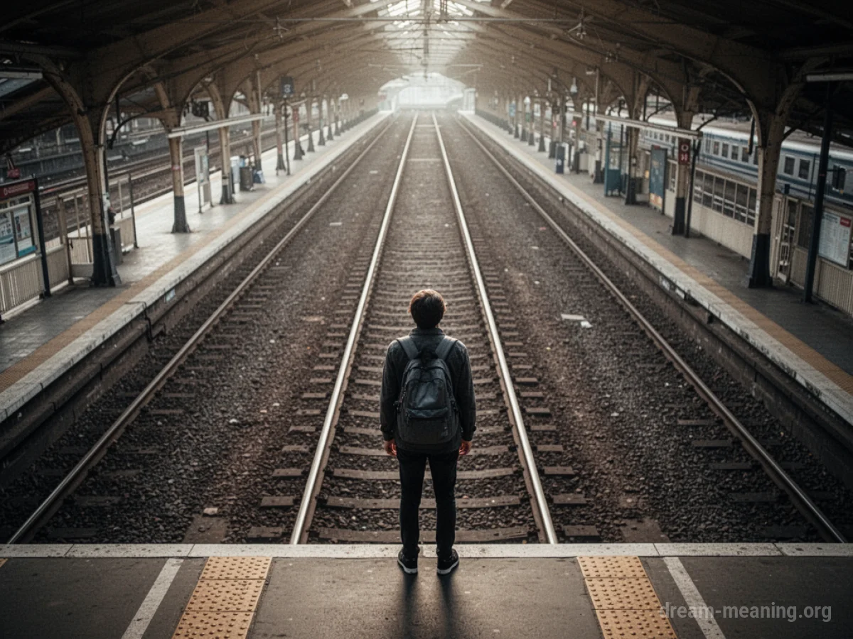 A person stands at the base of a high train platform, gazing upwards.