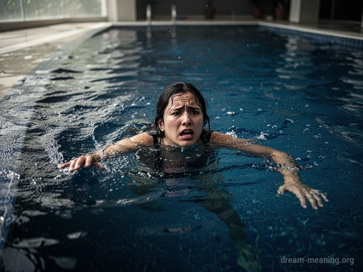 Person struggling to climb out of a deep swimming pool.