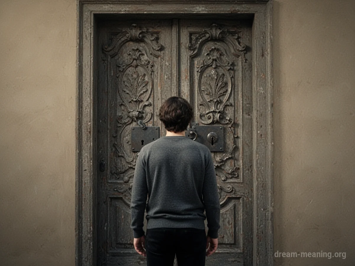 A person facing a closed, locked door.