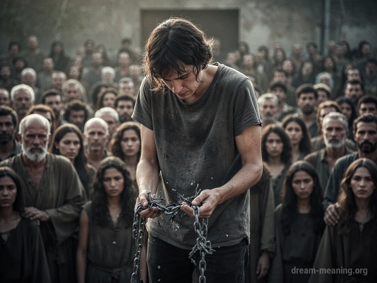 A person stands with bowed head before a shadowy audience, holding a fractured metal link.