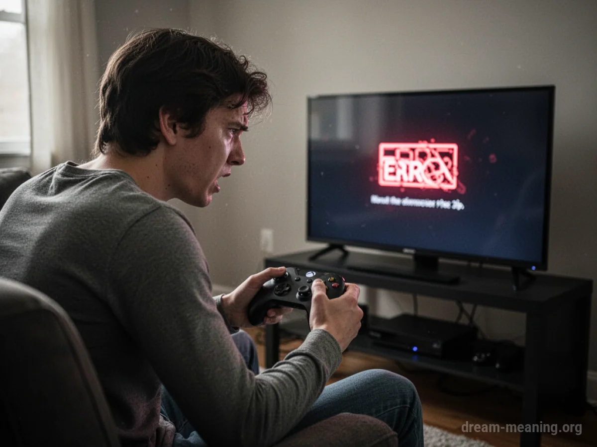 A person looking frustrated at a video game screen displaying an error message.