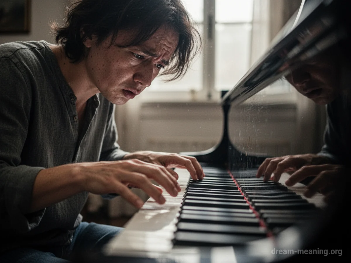 A person sits at a piano with hands above the keys, appearing upset.