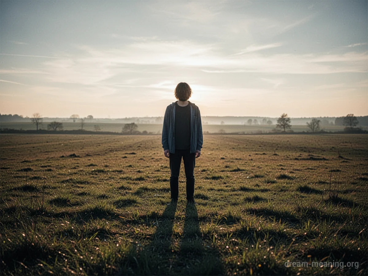 Silhouette of a person standing in a large, empty field with dark shadows approaching.