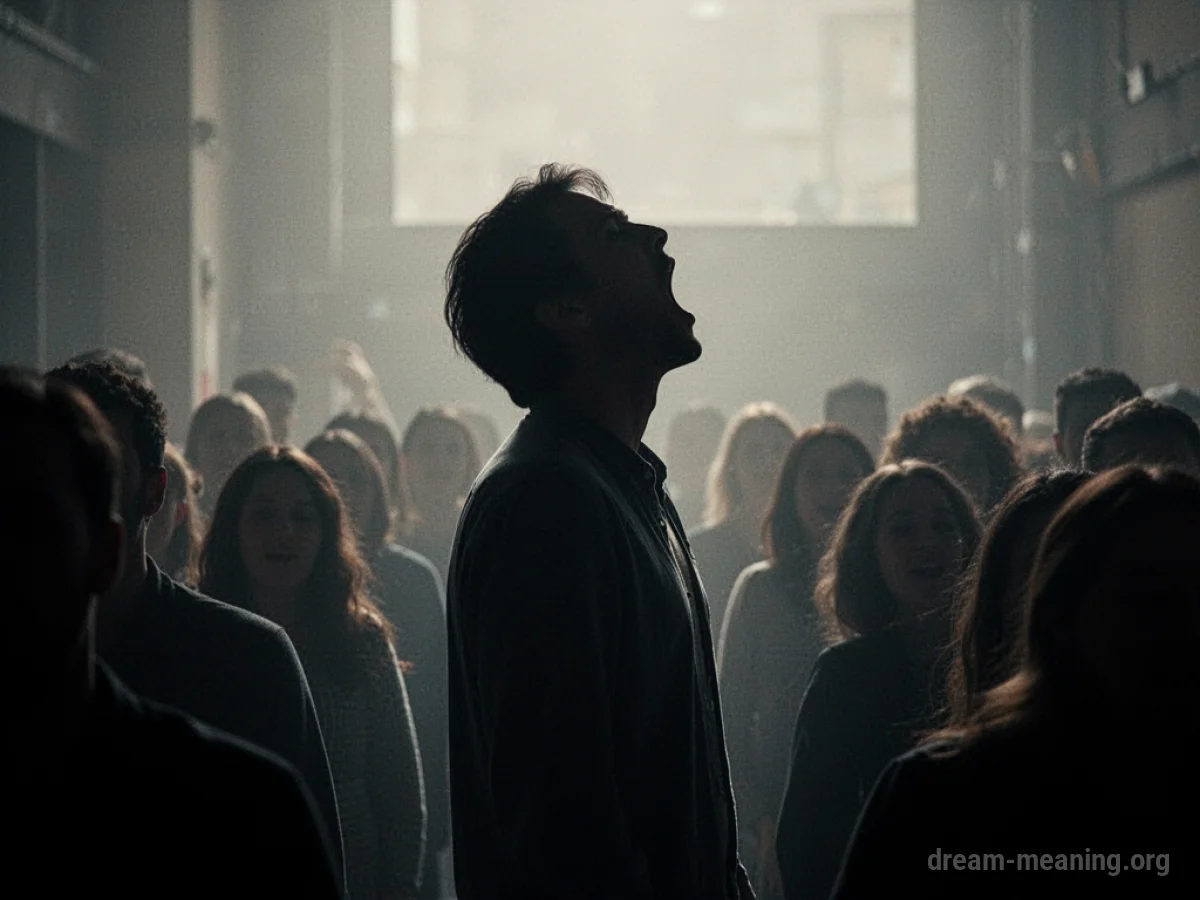 Silhouette of a person trying to speak to a crowd with no sound.