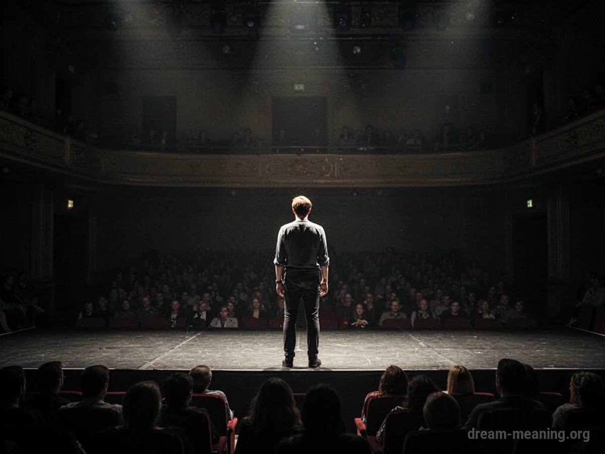 A lone figure stands on an empty stage under a spotlight.