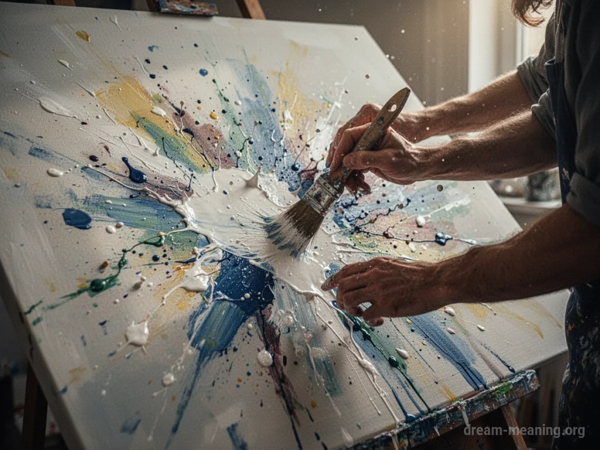 Hands rapidly painting on a large canvas with splattered paint.
