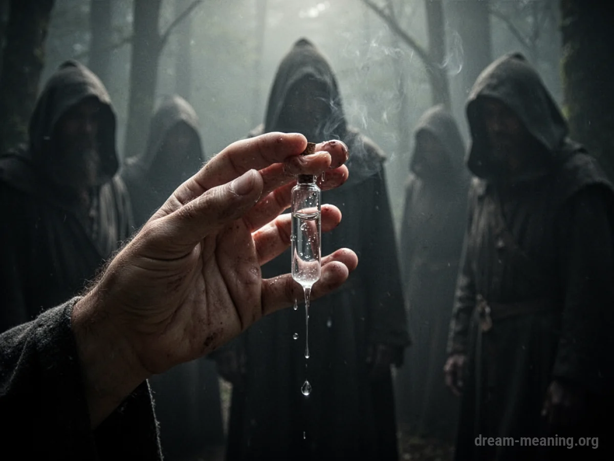 A hand holding a dripping vial with dark shapes behind it.