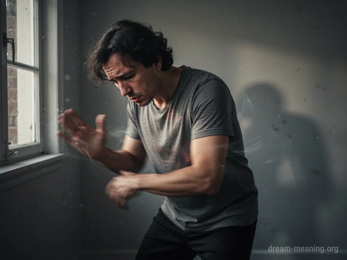 Silhouette of a person repeating an action in a dimly lit room.