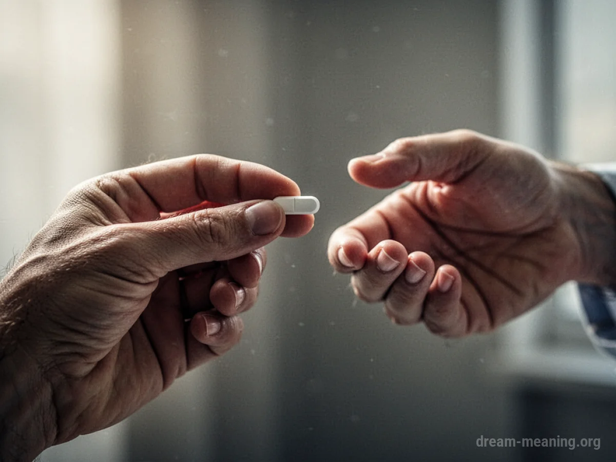 A hand holding a pill, with a second hand attempting to take it but failing to connect.