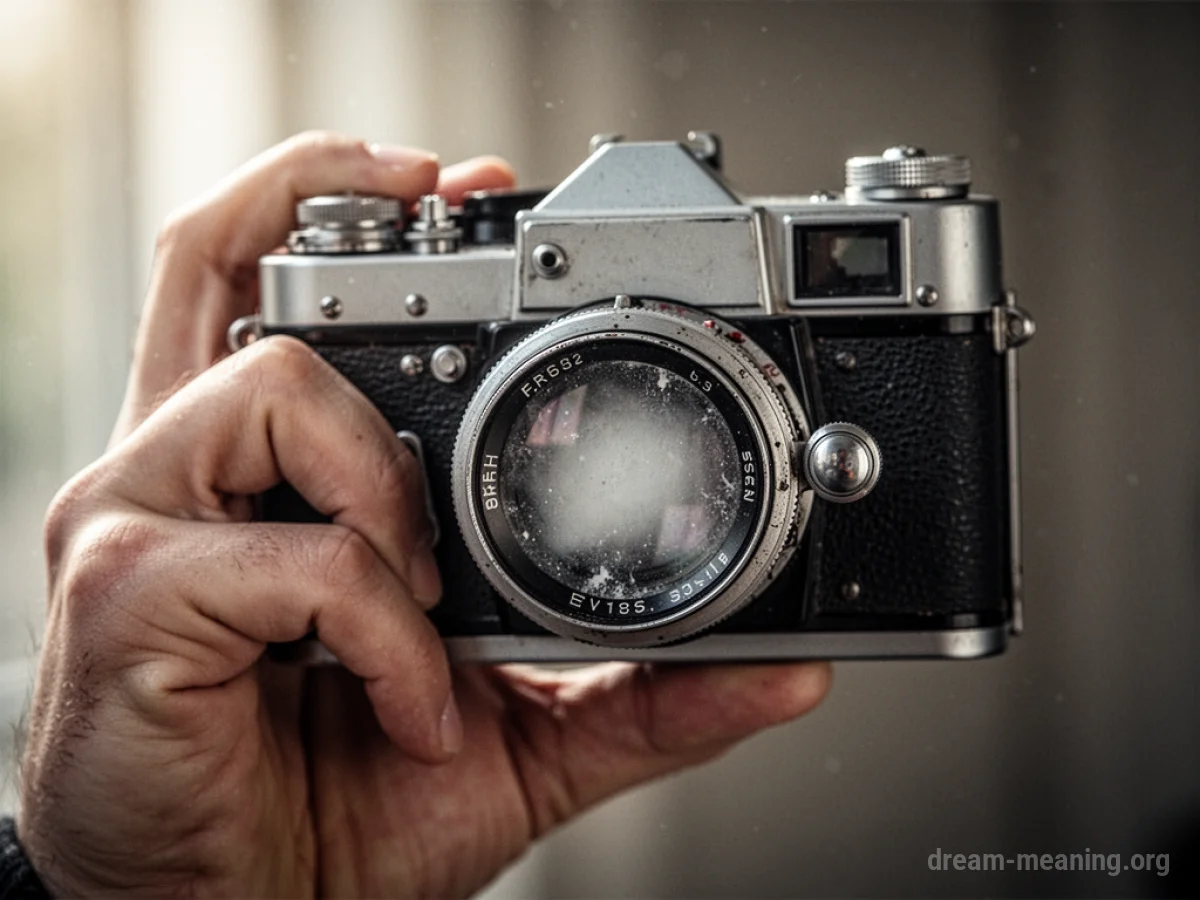 A hand holding a camera with a clouded lens.