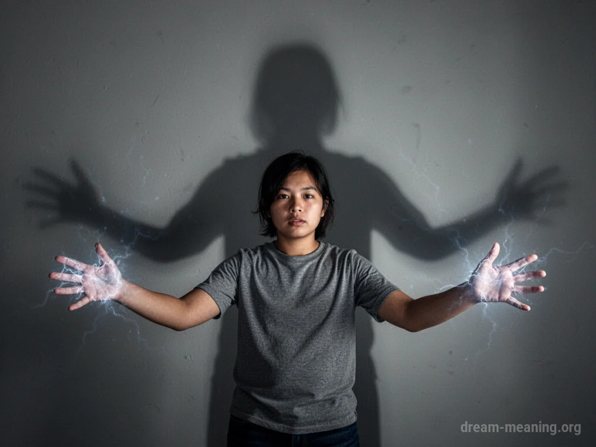 A silhouette of a person with hands outstretched facing away from a dimly lit background.