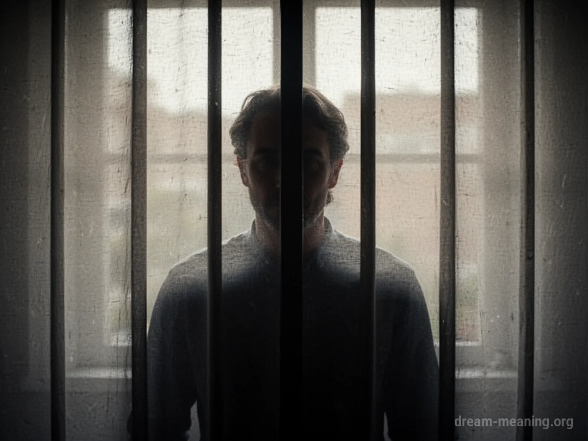 Silhouette of a person behind faint vertical bars.