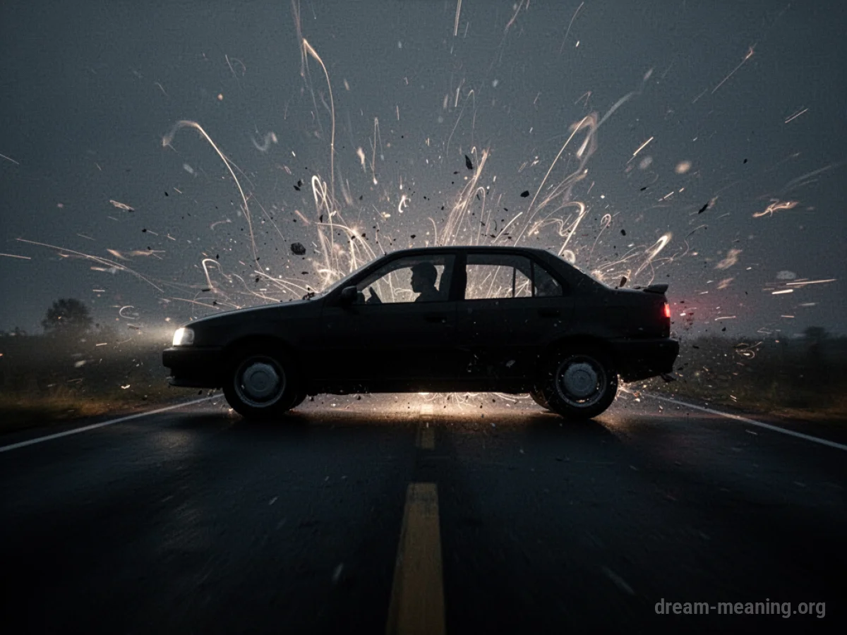 Silhouette of a car on a dark road with abstract light streaks.