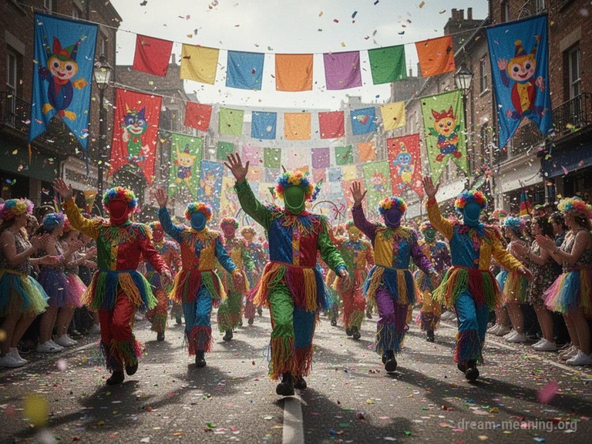 A colorful carnival parade with anonymous figures and bright banners.
