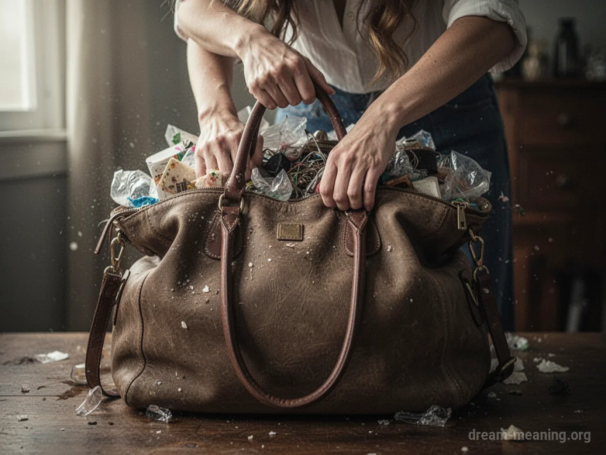A person's hands holding a very full and heavy purse.