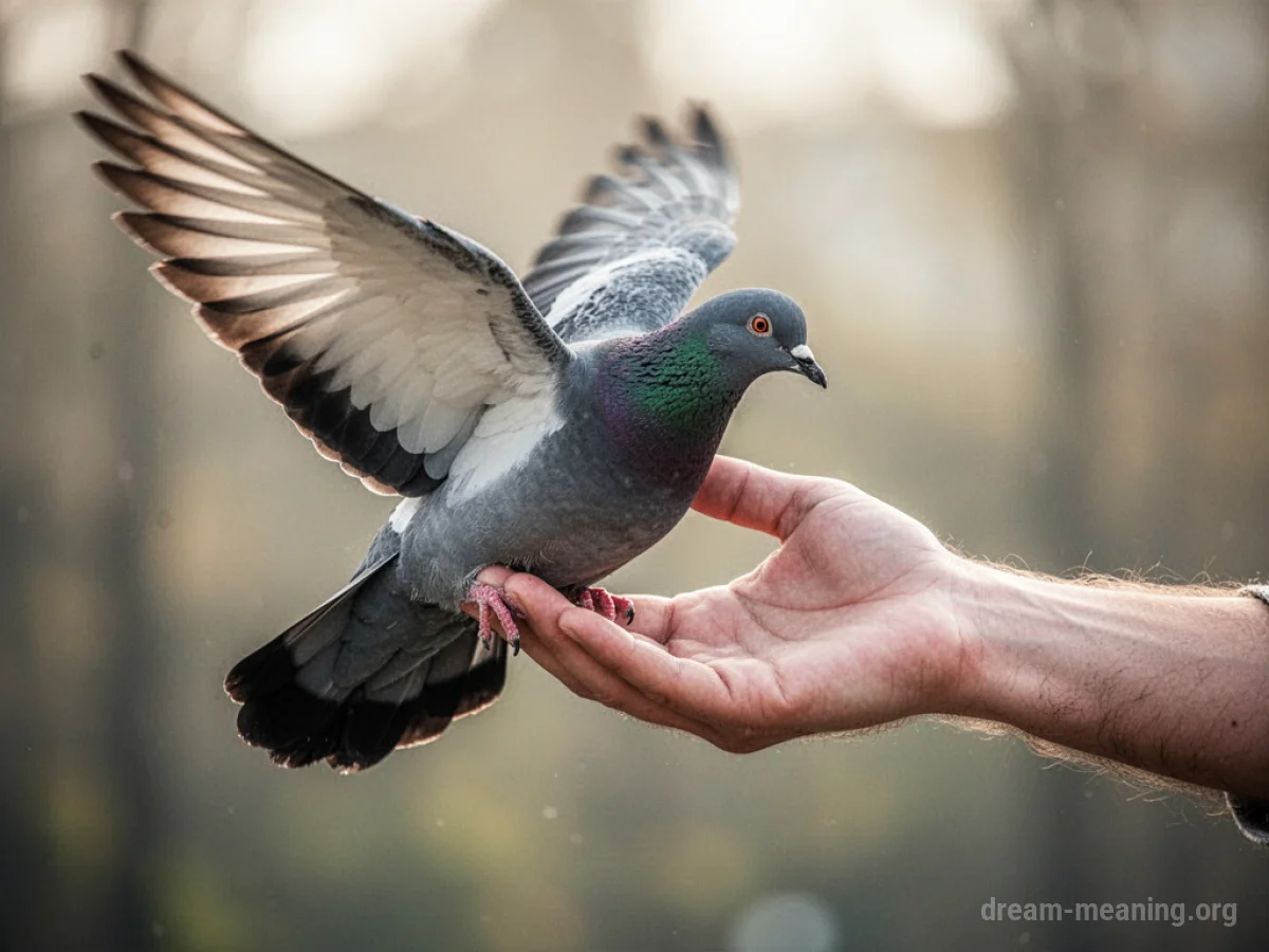 A person's hand reaching towards a pigeon in the air.