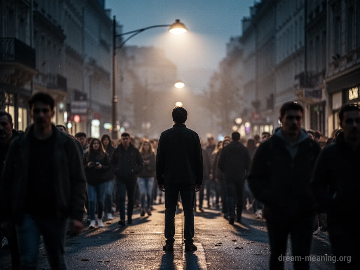 A shadowy figure stands alone in a crowd of blurred people on a street at night.