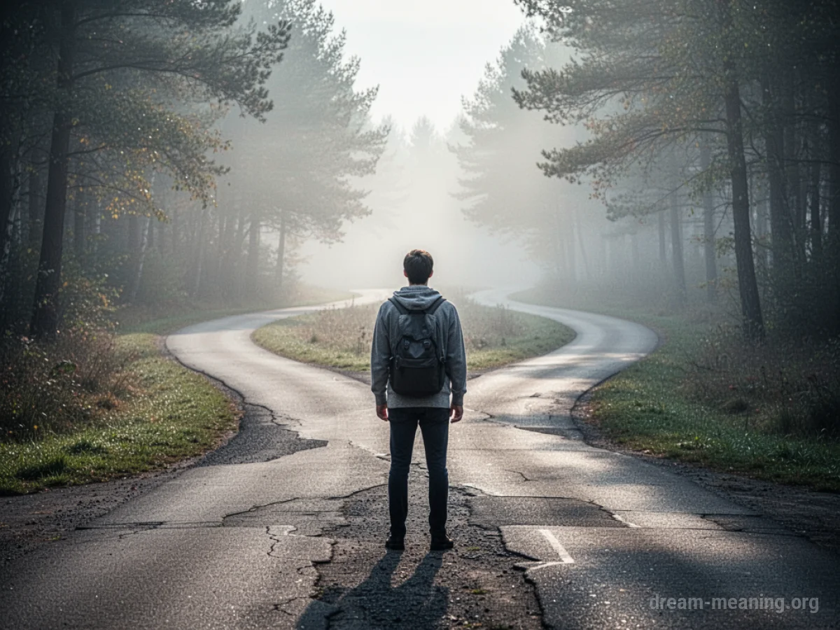 A person at a fork in the road with one path clear and the other misty.