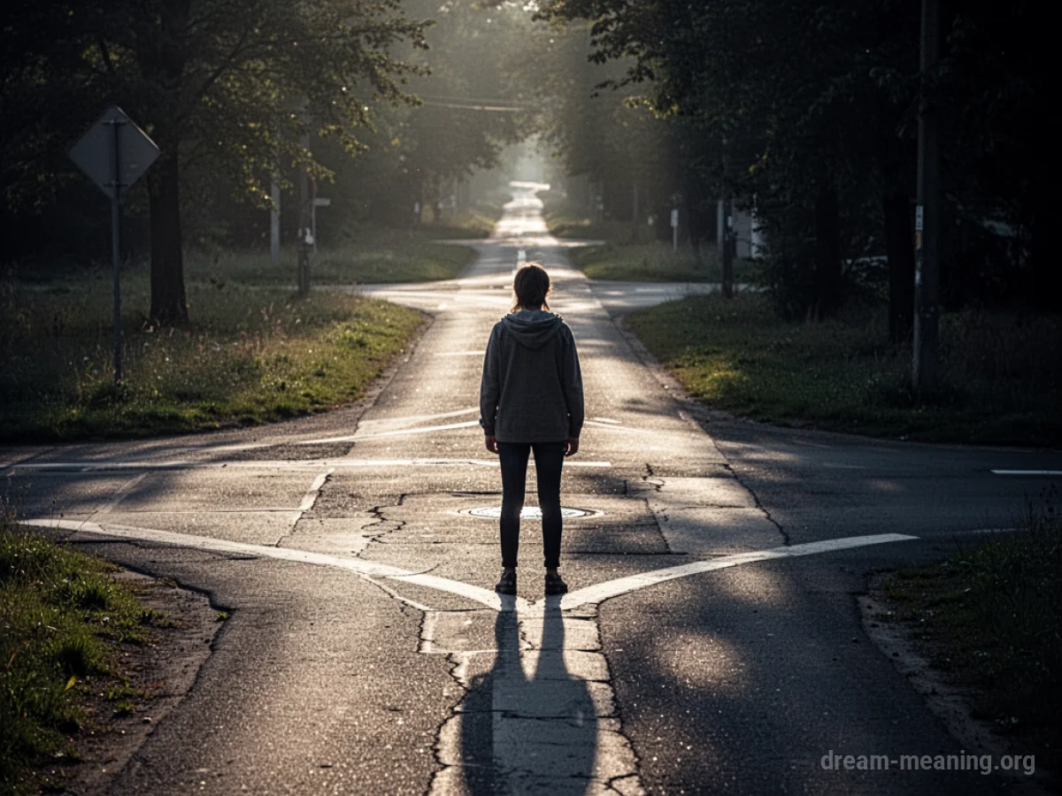 A silhouette of a person standing at a fork in the road, with one path lit and the other dark.