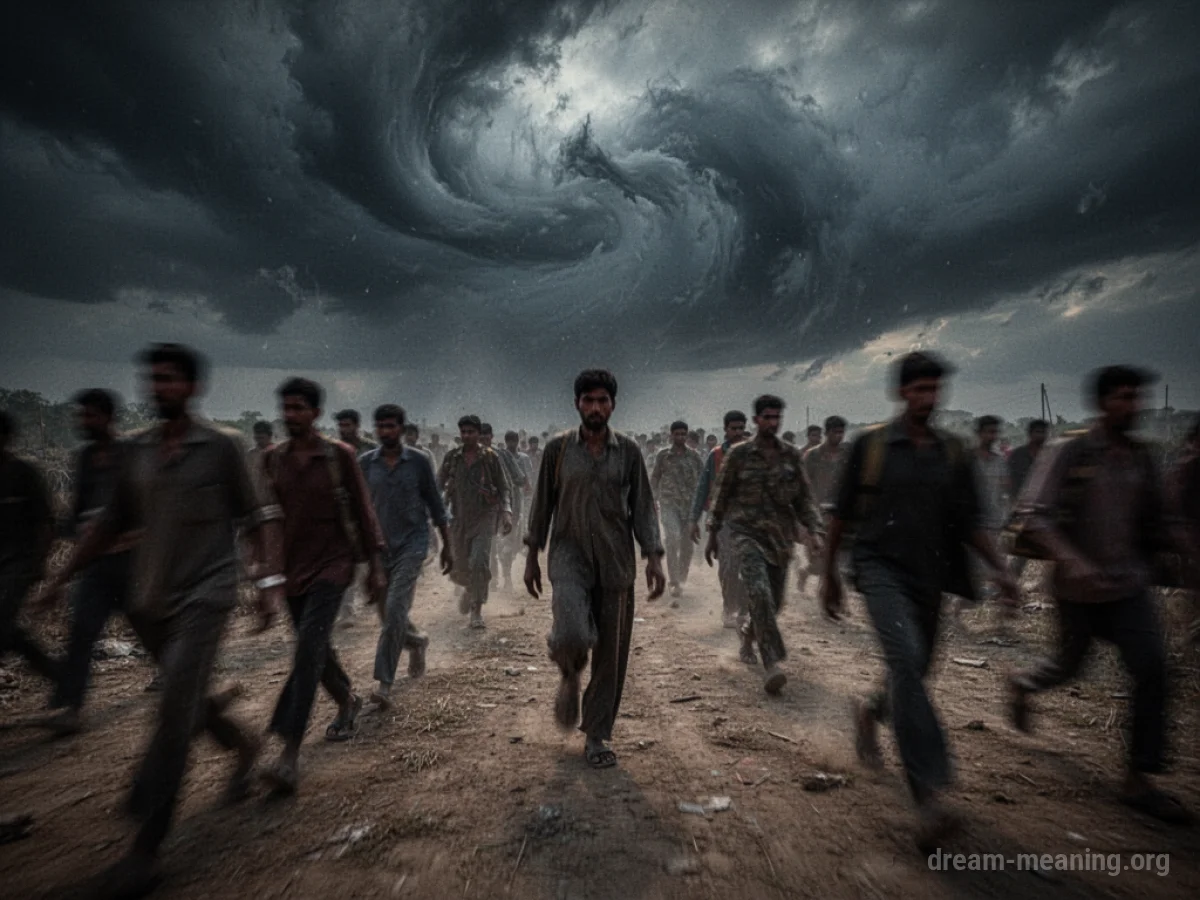 A disorganized crowd of blurred figures marching in confusing patterns.