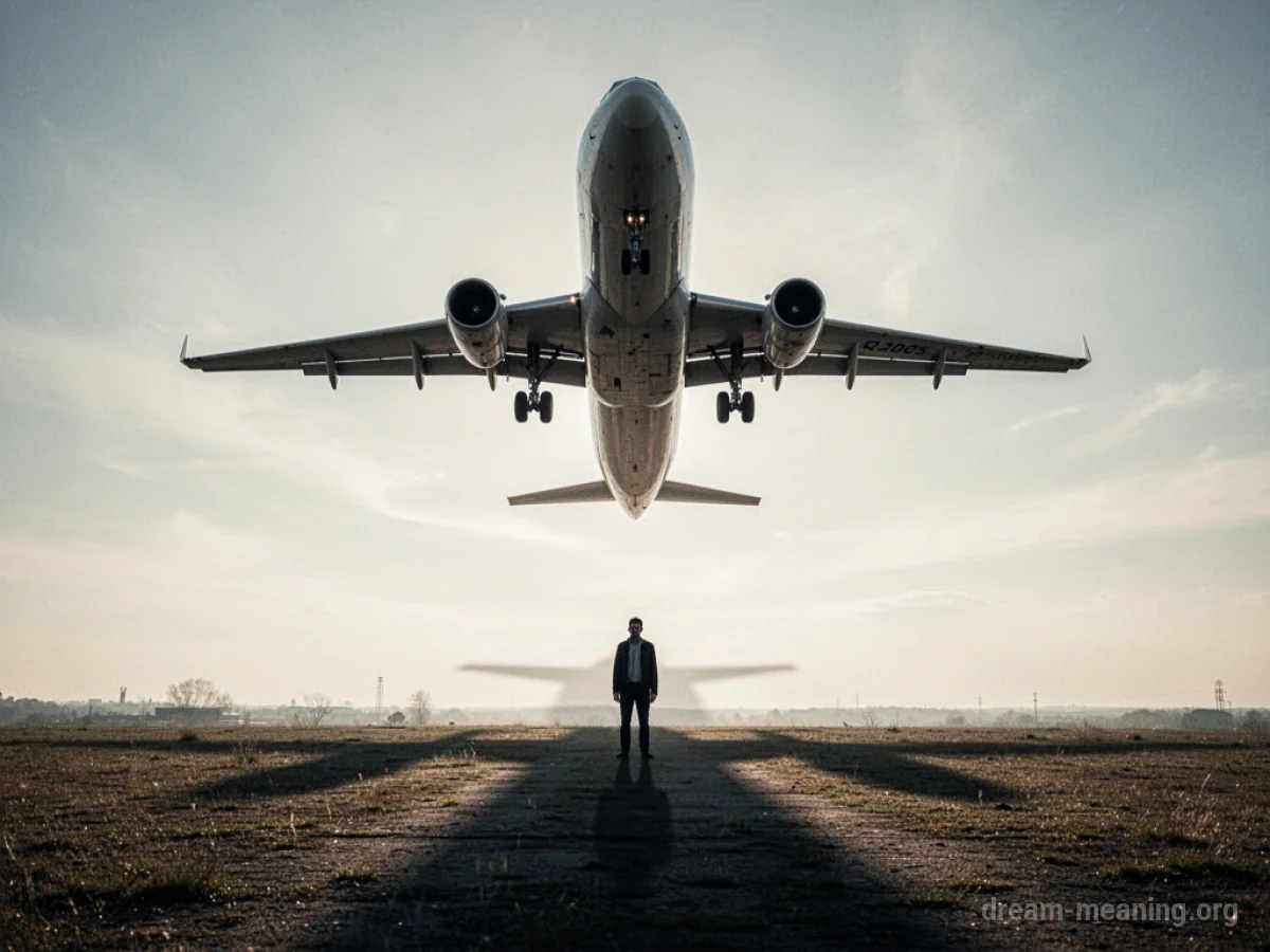 A large airplane flying high above a small person on the ground.