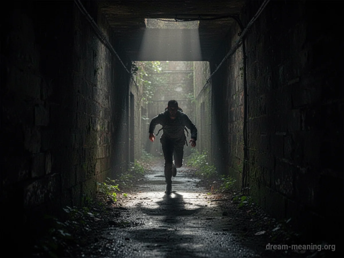 A person running down a dimly lit corridor with a shadowy figure behind them.