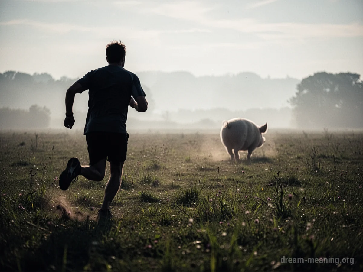 Silhouette of a person running in a field towards a distant pig shape.