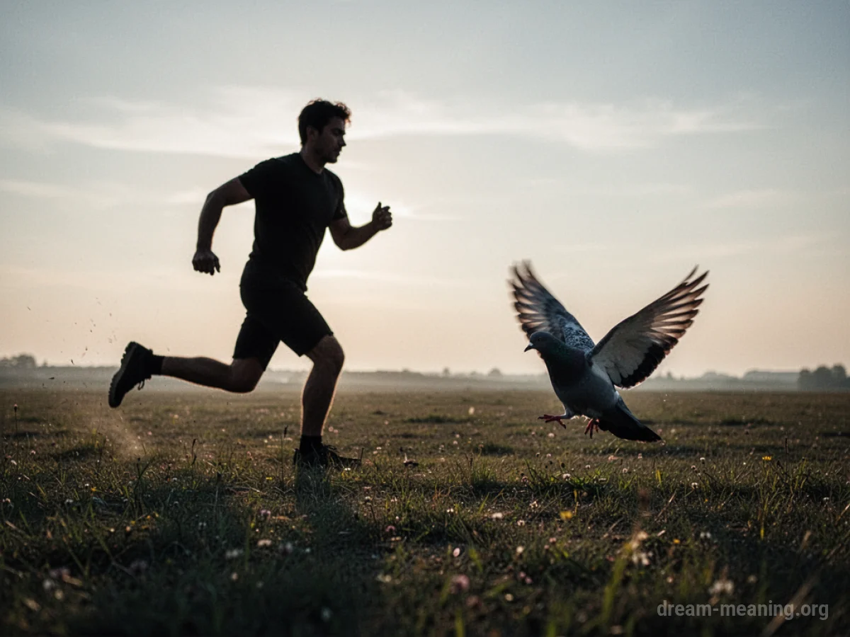 Silhouette of a person running towards a pigeon in a field.