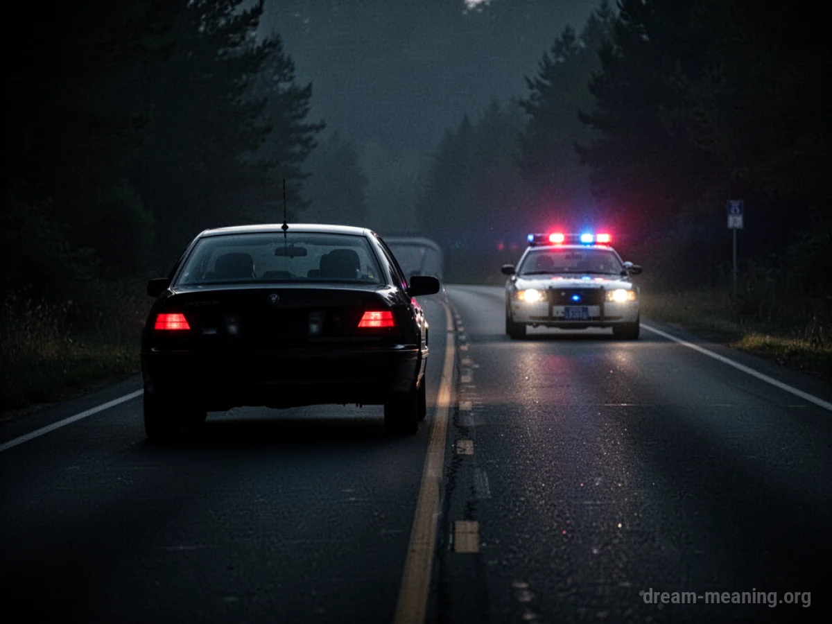 Silhouette of a car driving down a dark road with distant flashing lights behind it.