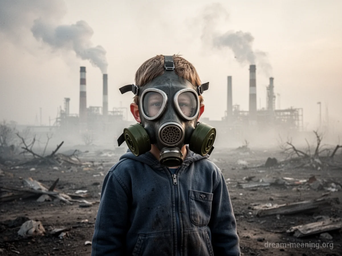A child wearing a protective mask in a smog-filled environment.