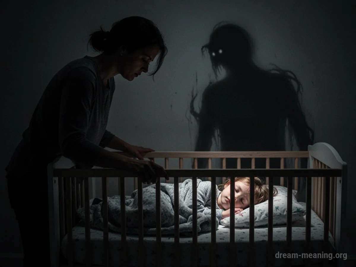 Parent silhouette watches a sleeping child with a shadowy presence nearby.