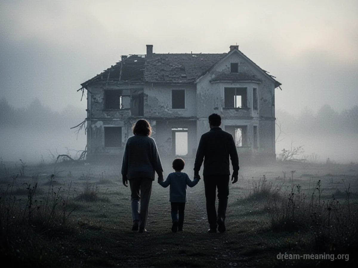 Silhouette of a parent and child walking away from an empty house into a misty landscape.